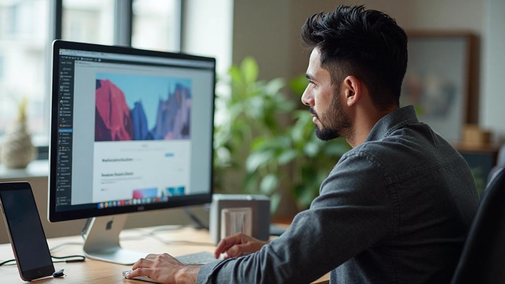 Designer working on responsive layout mockups on computer screen with design tools