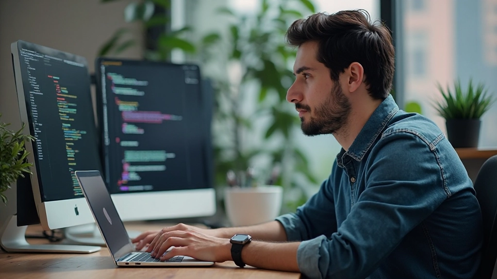 Developer laptop showing CSS media query code on screen with multiple device mockups displayed alongside