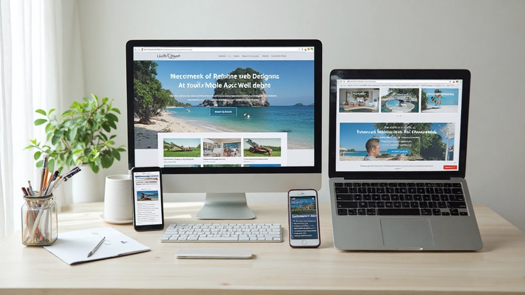 Multiple devices showing the same responsive website including smartphone tablet and desktop displays