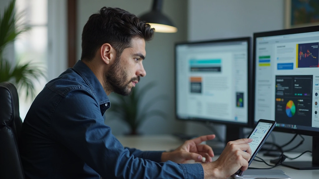 Developer testing responsive website on multiple devices including smartphone, tablet, and desktop computer