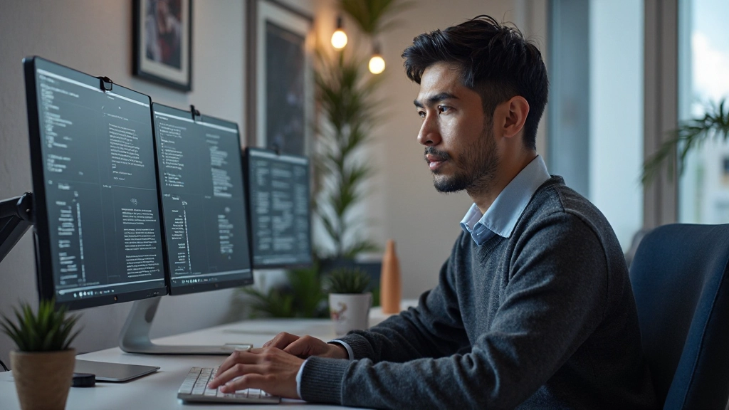 Designer comparing mobile and desktop wireframes side by side on dual monitors