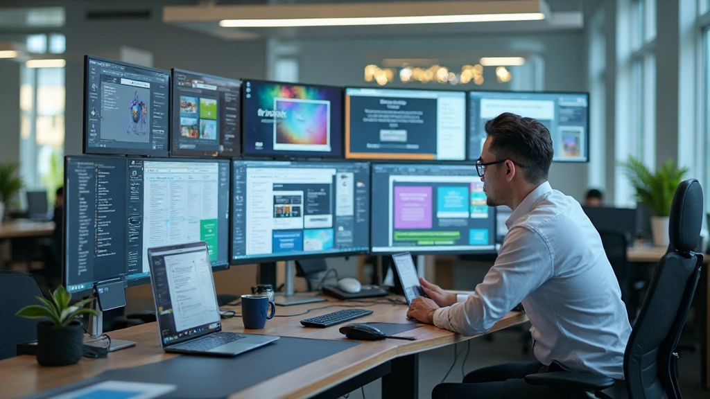 Modern web development workspace with responsive design mockups on screens
