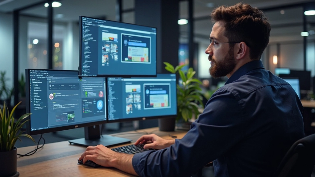Developer working on responsive design with multiple device views