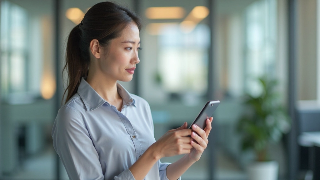 Person testing responsive website on mobile device in office setting