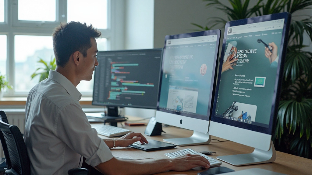 Modern web design workspace with responsive layout mockups displayed across multiple monitors